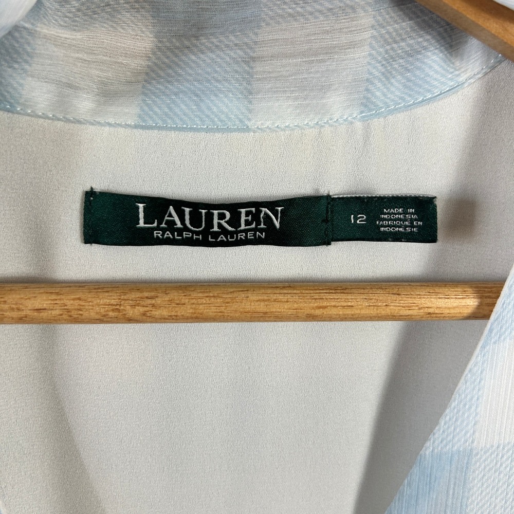 Lauren Ralph Lauren Light Blue Gingham Tie-Neck Ruffle Midi Dress Size 12 Spring - Picture 7 of 10